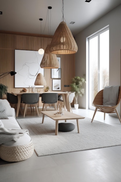 Uma sala com uma parede de madeira e uma mesa de madeira com cadeiras e um grande quadro na parede.