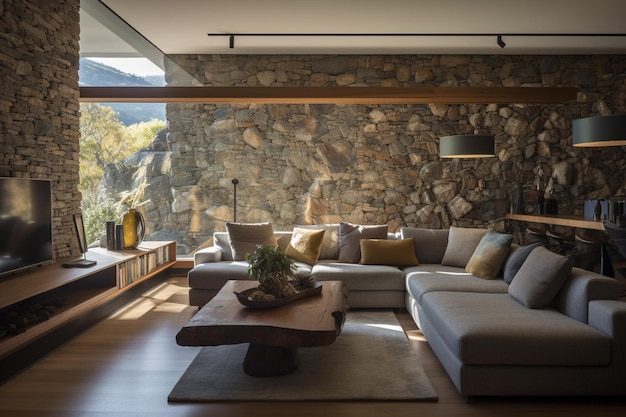Uma sala com uma parede de pedra e uma grande janela que diz "vista para a montanha".