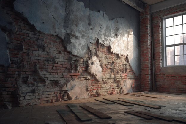 Uma sala com uma parede de tijolos e uma parede de tijolos que foi derrubada e as palavras 'a palavra casa' nela.