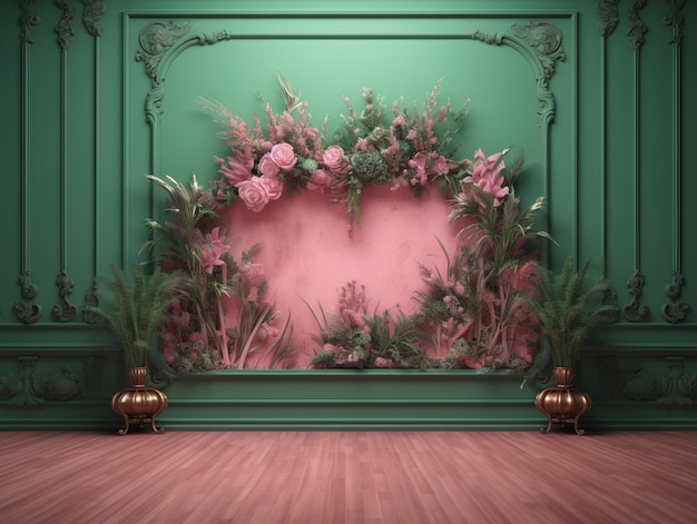 Uma sala com uma parede rosa e flores nela