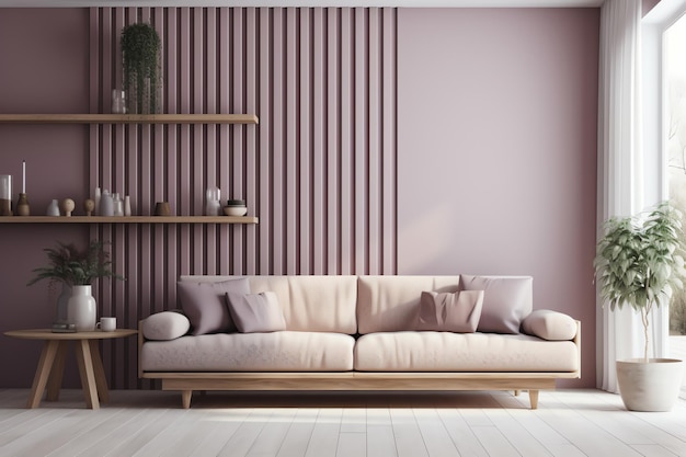 Uma sala com uma parede rosa e um sofá com almofadas.