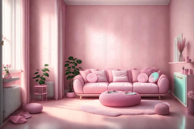 Uma sala com uma parede rosa e um sofá rosa com almofadas e uma planta em cima.