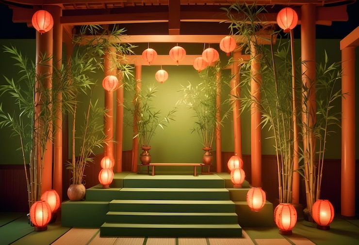 Foto uma sala com uma parede verde e lanternas laranjas