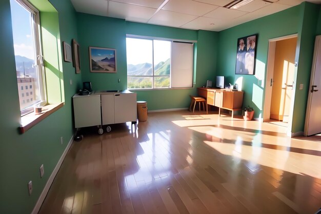 Uma sala com uma parede verde e uma foto de um homem e uma mulher.