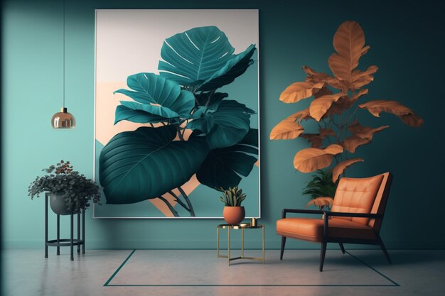 Uma sala com uma planta na parede e um quadro de uma planta na parede.