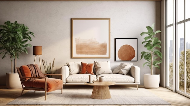 Uma sala com uma planta na parede e um sofá com uma almofada em cima.
