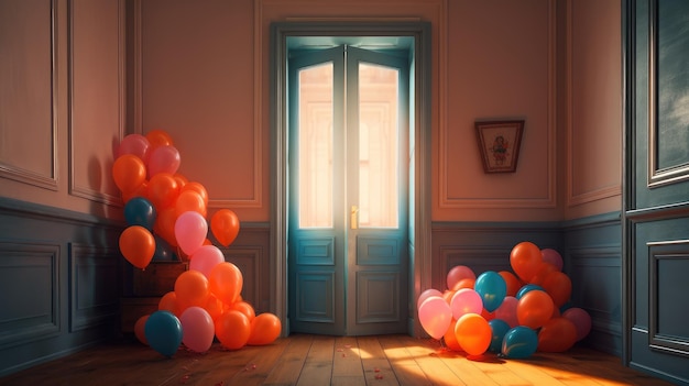 Uma sala com uma porta azul e um monte de balões nela