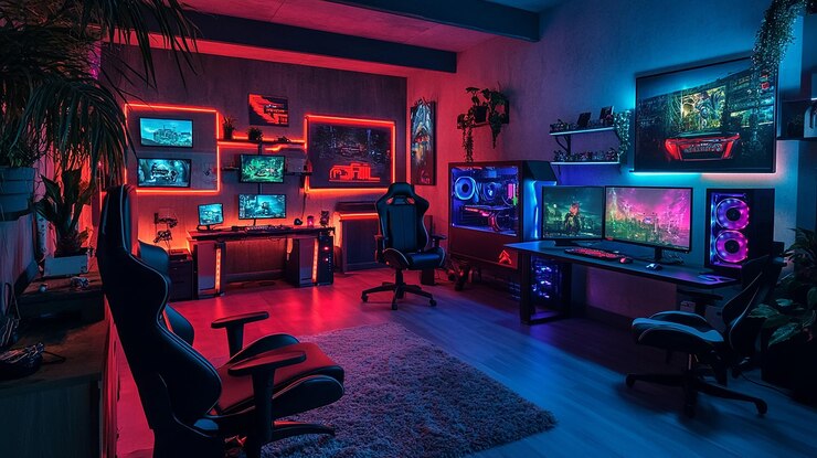 uma sala com uma sala de jogos com uma salade jogos com dois monitores e um jogo na parede