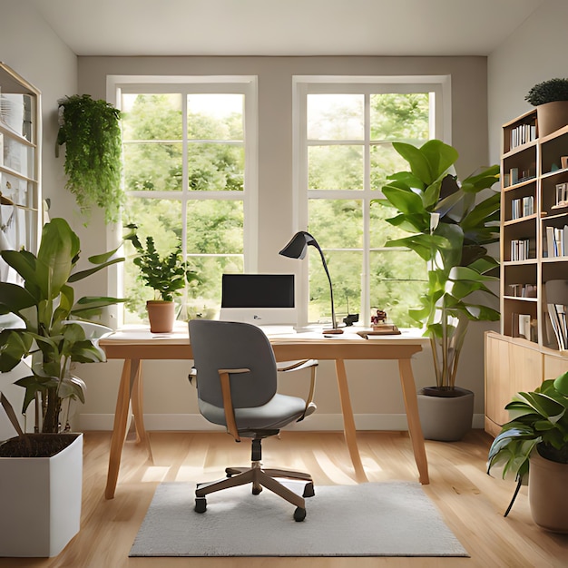 uma sala com uma secretária um computador uma estante uma estante de livros uma planta e uma estante