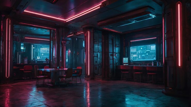 Foto uma sala com uma tela de tv e uma mesa com uma luz vermelha