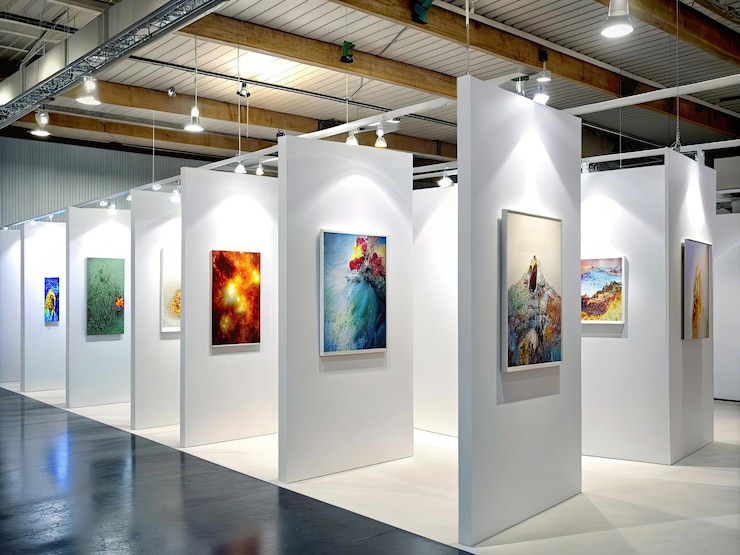 Foto uma sala com várias pinturas nas paredes e uma com um homem à direita olhando para a câmera