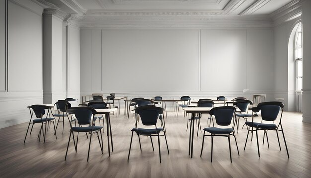 uma sala de aula com cadeiras e uma parede branca com um fundo branco