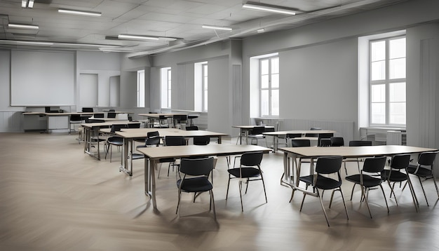 uma sala de aula com mesas e cadeiras com cadeiras e mesas com cadeiras