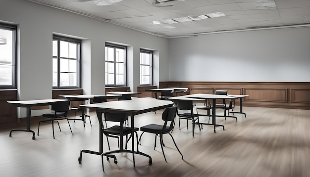 uma sala de aula com mesas e cadeiras com um teto branco e uma janela ao fundo
