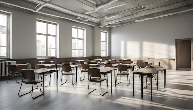 uma sala de aula com mesas e cadeiras com uma que diz ninguém