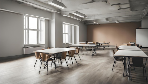 uma sala de aula com mesas e cadeiras com uma que diz ninguém
