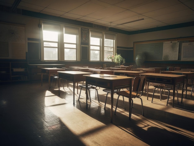 uma sala de aula com mesas e cadeiras e um quadro negro na parede.