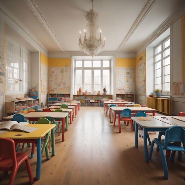 Uma sala de aula com parede amarela e a pintura de uma criança no meio.