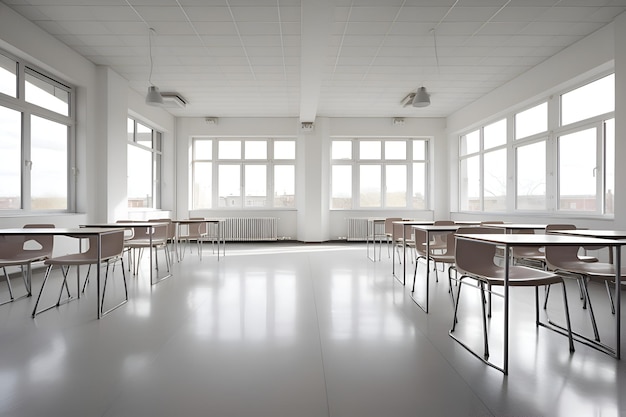 Uma sala de aula com paredes brancas e piso branco e piso branco.