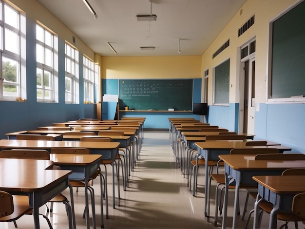 Uma sala de aula com quadro-negro e cadeiras com quadro-negro na parede