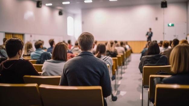 Uma sala de aula com um homem fazendo um discurso.