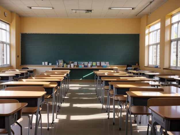 Uma sala de aula com um poste verde na parede