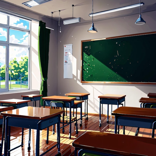 Uma sala de aula com um quadro verde