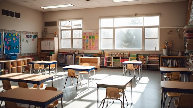 Uma sala de aula com uma estante cheia de livros e uma placa que diz 'escola do ano'