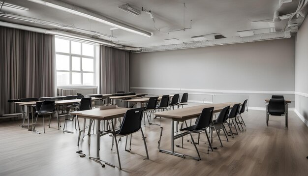 uma sala de aula com uma mesa e cadeiras com uma janela ao fundo