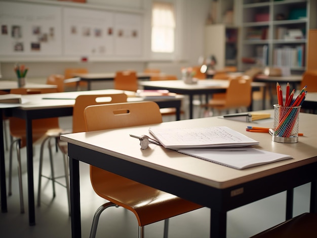 uma sala de aula com uma mesa e um livro