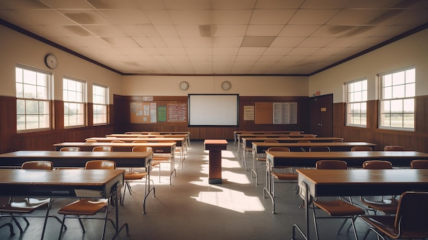 Uma sala de aula com uma tela de projetor no meio