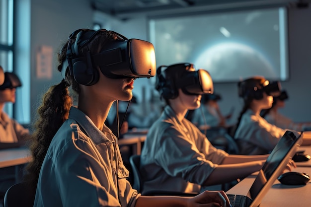 Uma sala de aula de realidade virtual cheia de alunos aprendendo gerada por IA