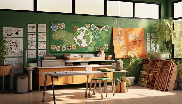 Foto uma sala de aula ecológica com painéis solares, um contentor de compostagem, cartazes educativos sobre conservação