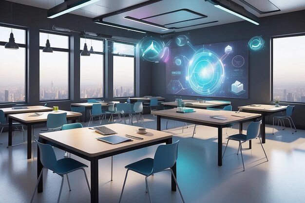 Foto uma sala de aula futurista com displays holográficos de realidade virtual integrada à experiência de aprendizagem