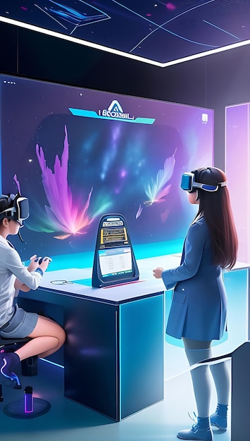 Uma sala de aula futurista com ecrãs holográficos de realidade virtual integrada na experiência de aprendizagem