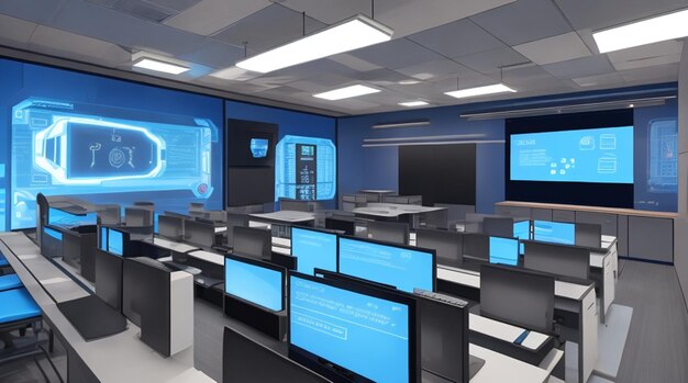 Uma sala de aula futurista com telas brilhantes e assistentes robóticos