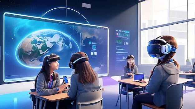 Uma sala de aula futurística com exibições holográficas de realidade virtual integrada à experiência de aprendizagem