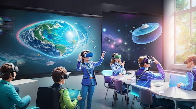 Uma sala de aula futurística com exibições holográficas de realidade virtual integrada à experiência de aprendizagem