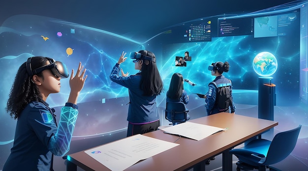 Uma sala de aula futurística com realidade virtual holográfica integrada à experiência de aprendizagem