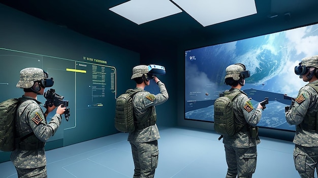 Uma sala de aula holográfica futurista do exército integrada virtualmente na experiência de aprendizagem
