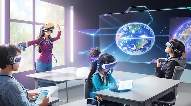 Uma sala de aula holográfica futurística com realidade virtual integrada à experiência de aprendizagem