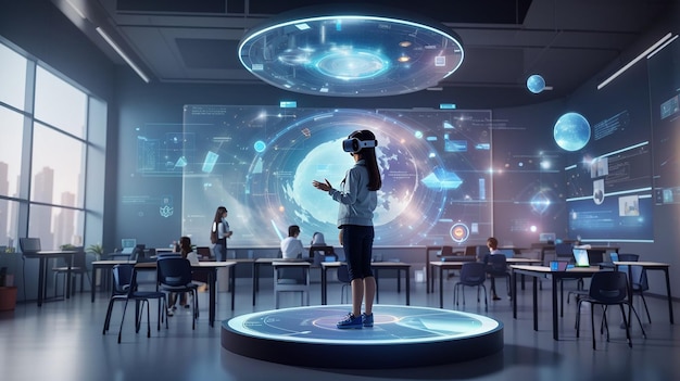 Uma sala de aula holográfica futurística com realidade virtual integrada à experiência de aprendizagem