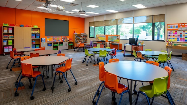 Foto uma sala de aula inclusiva com mesas ajustáveis e recursos sensoriais para acomodar alunos com diversas necessidades de aprendizagem