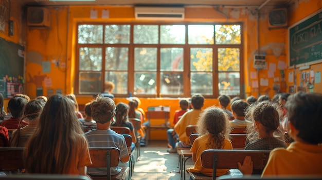 Uma sala de aula lotada com alunos ansiosos por papel de parede