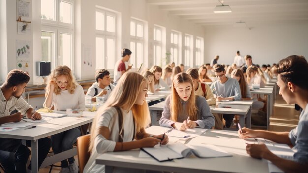 Uma sala de aula ocupada, cheia de alunos empenhados