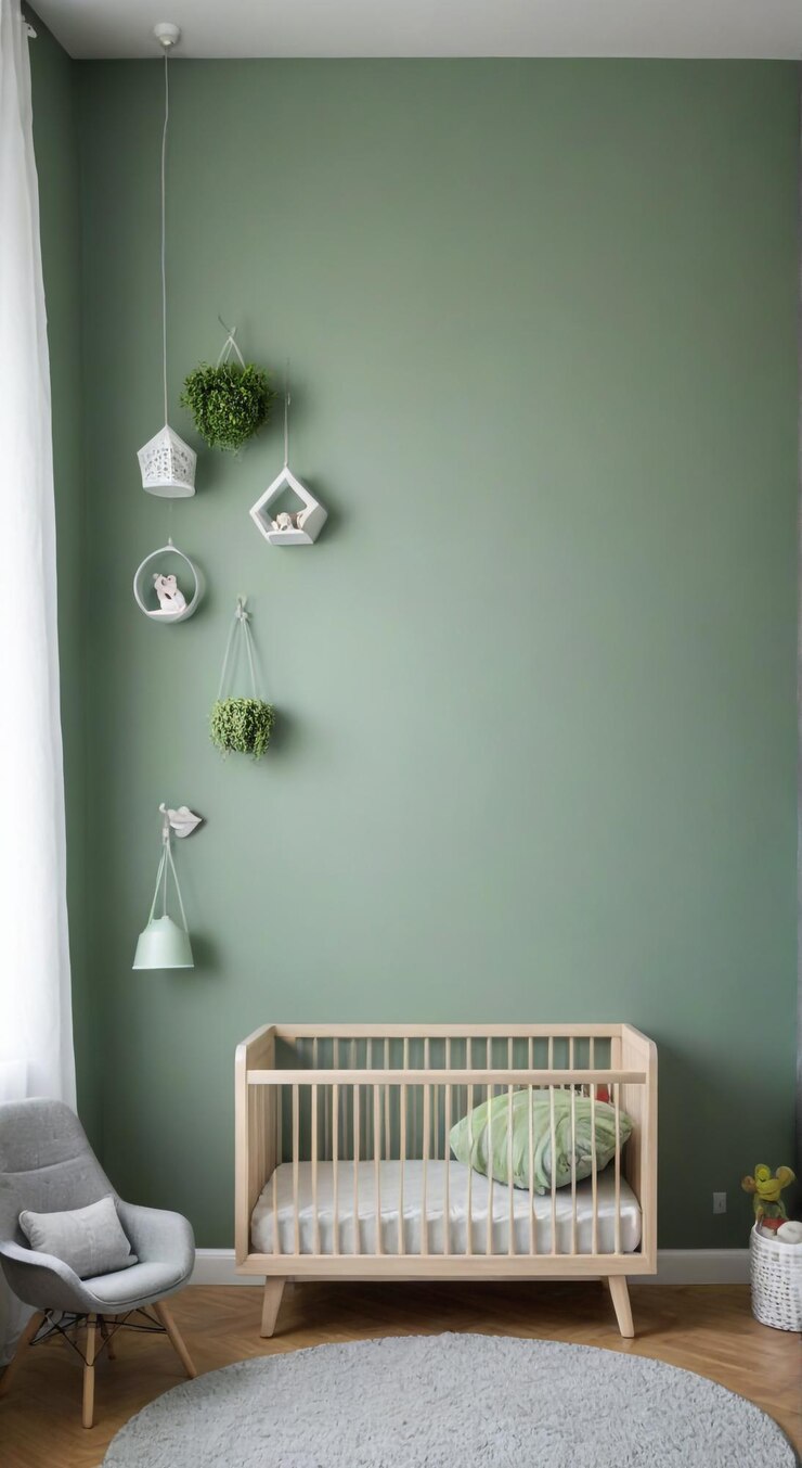Foto uma sala de bebês com uma parede verde com plantas penduradas e plantas pendurados