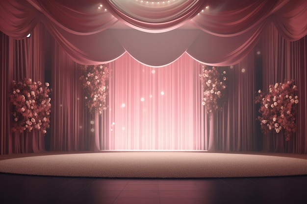 uma sala de casamento com espaço de palco com flores rosa paredes e iluminação