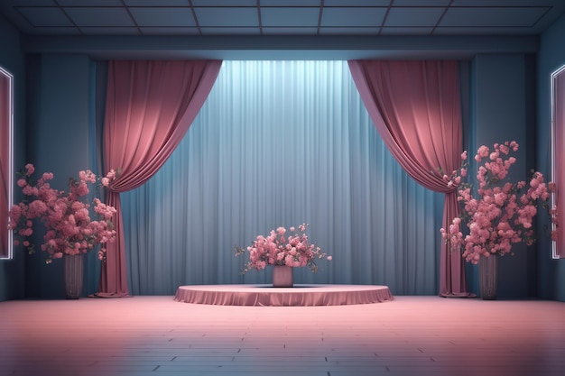 uma sala de casamento com espaço de palco com flores rosa paredes e iluminação