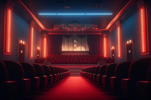 Uma sala de cinema com luzes vermelhas e um tapete vermelho