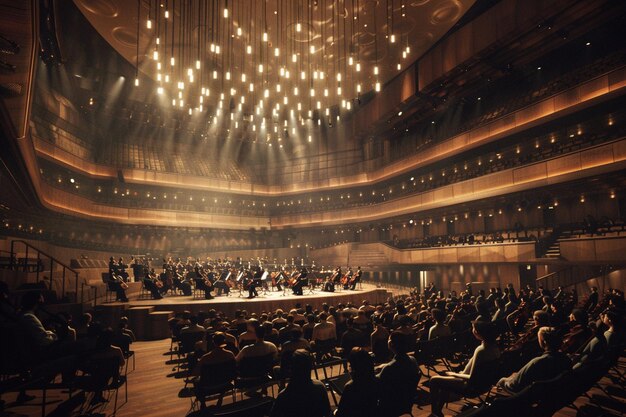 uma sala de concertos com um grande lustre e um grande palco com uma orquestra musical ao fundo